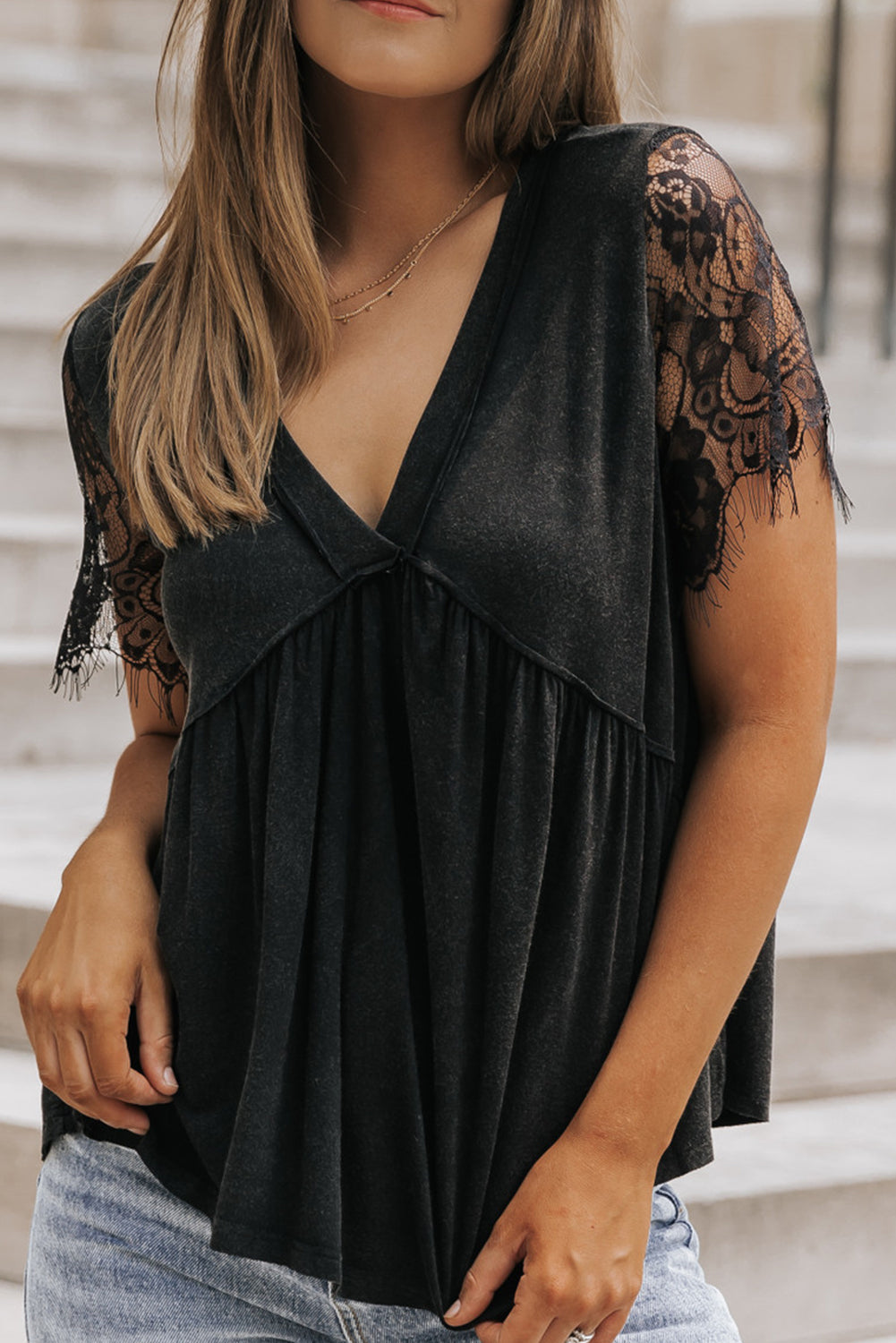 Short Sleeve V-neck Black Lacey Top