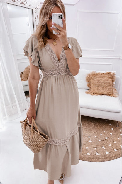 Flutter Sleeve Deep V-neck Midi Dress