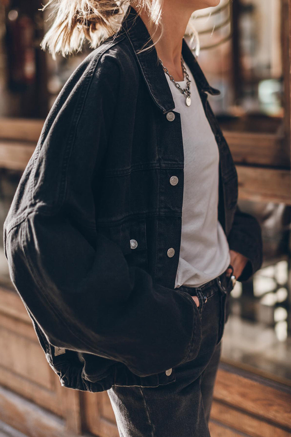 Long Sleeve Button-down Oversized Black Denim Jean Jacket