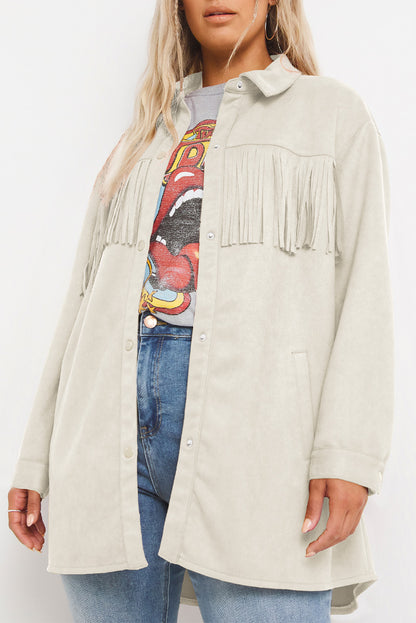 White Fringe Plus Size Suede Jacket Shacket