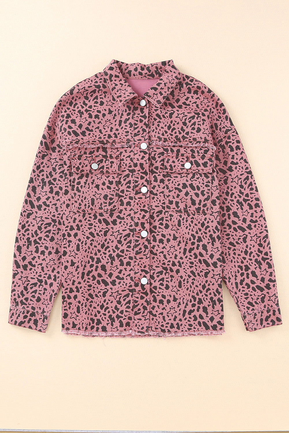 Long Sleeve Button-down Pink Leopard Print Denim Jean Jacket