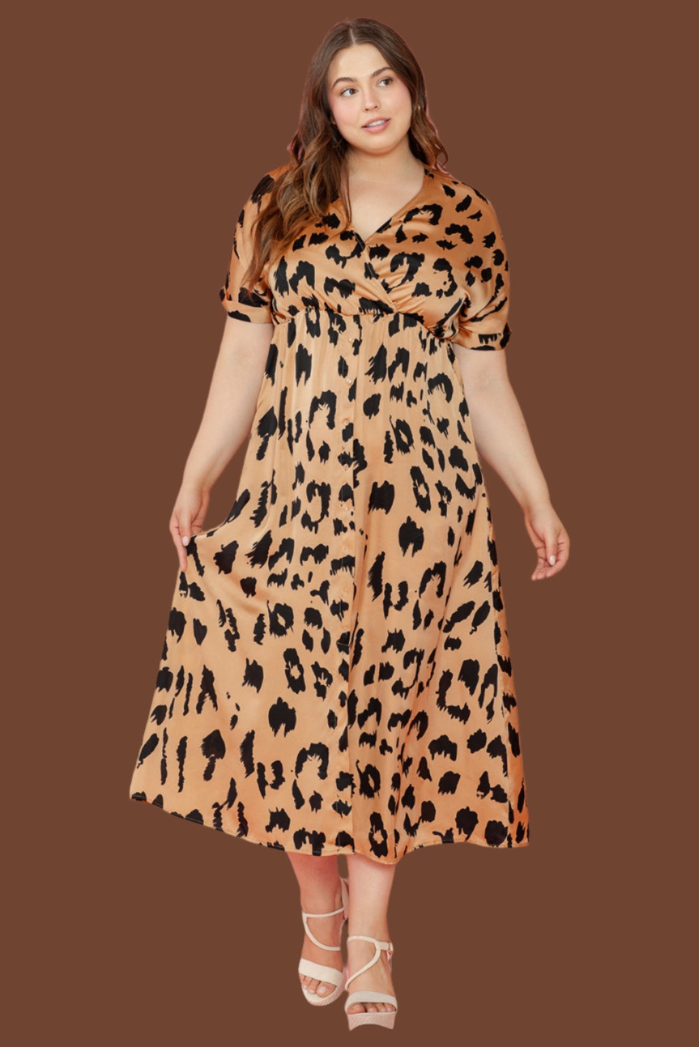 Short Sleeve V-neck Leopard Print Midi Dress