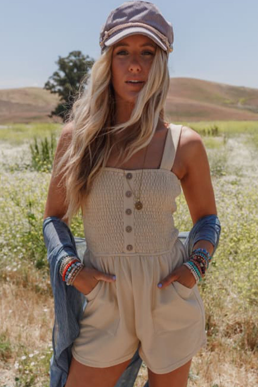 Sleeveless Smocked Beige Romper