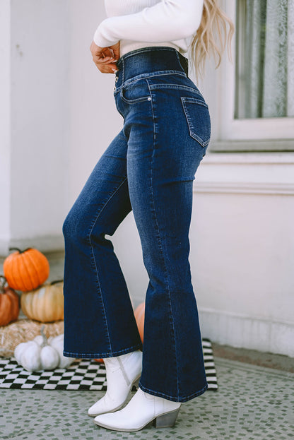 Mid Rise Flared Leg Button-Fly Blue Jeans