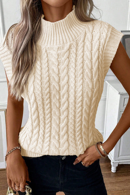 Cap Sleeve Off White Cable Knit Sweater