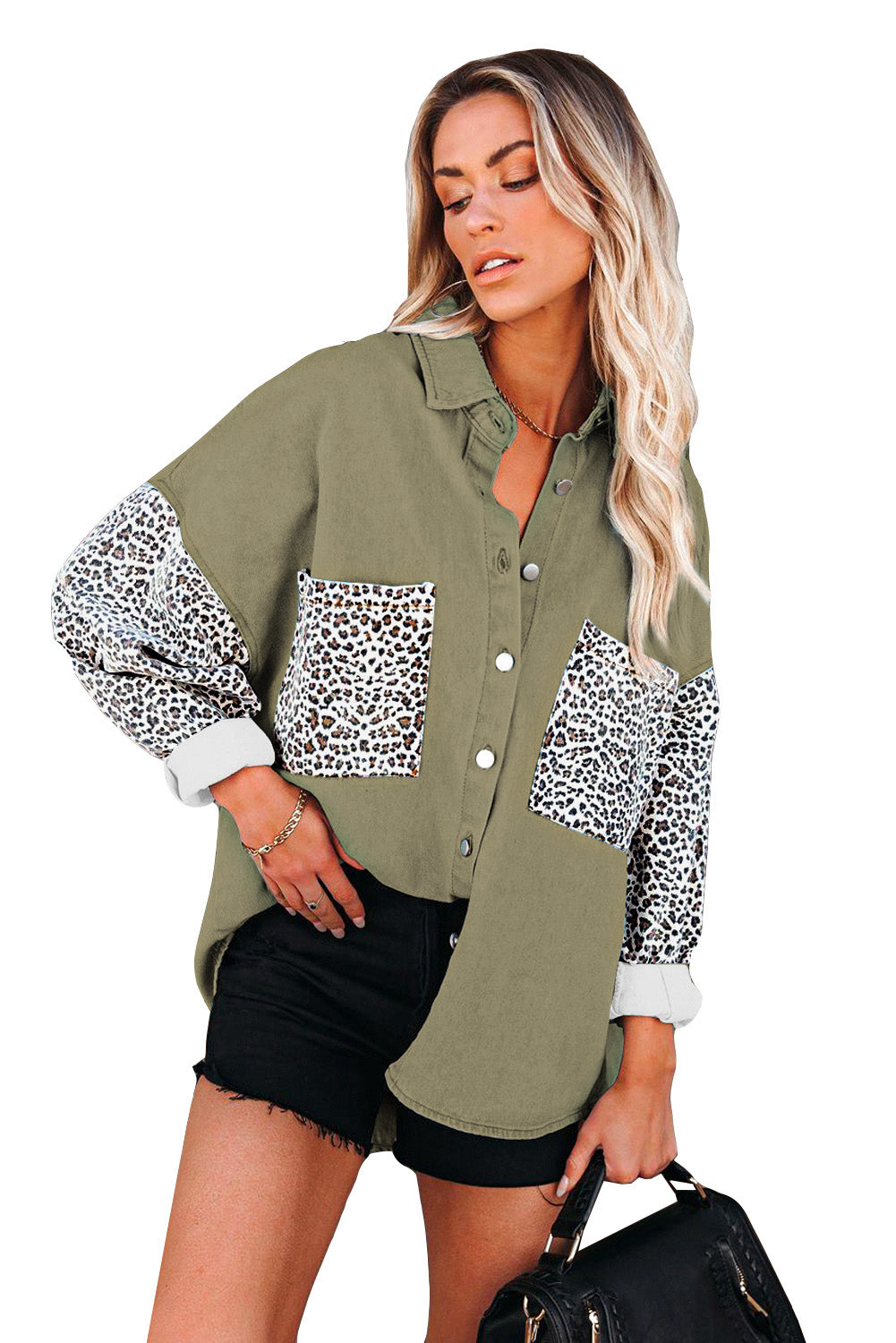 Long Sleeve Button-down Leopard Print Green Denim Jean Jacket