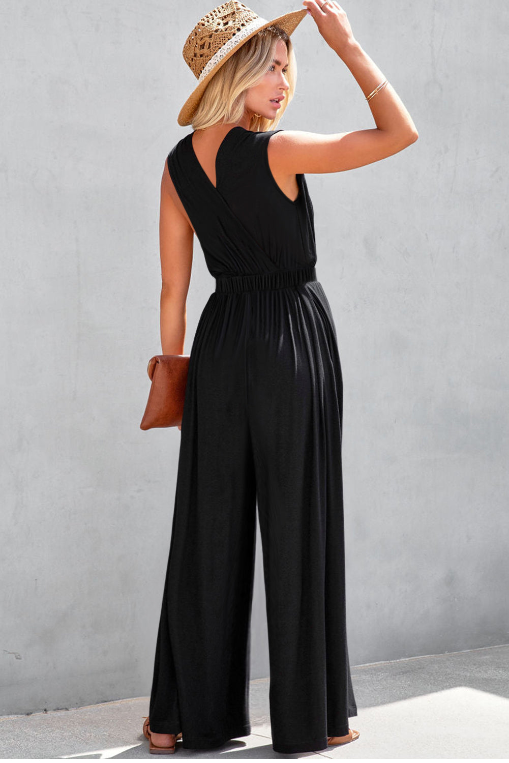 Sleeveless V-neck Wide Leg Pleated  Jumpsuit