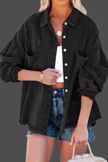 Long Sleeve Button-down Black Denim Shirt/Jacket