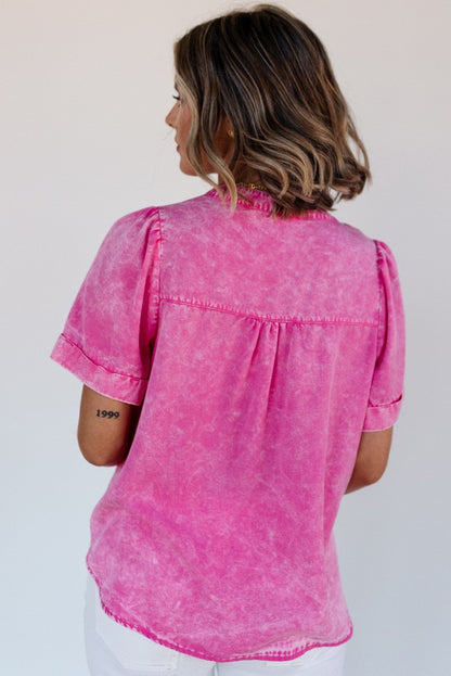 Short Sleeve Split V-neck Pink Denim Chambray Top