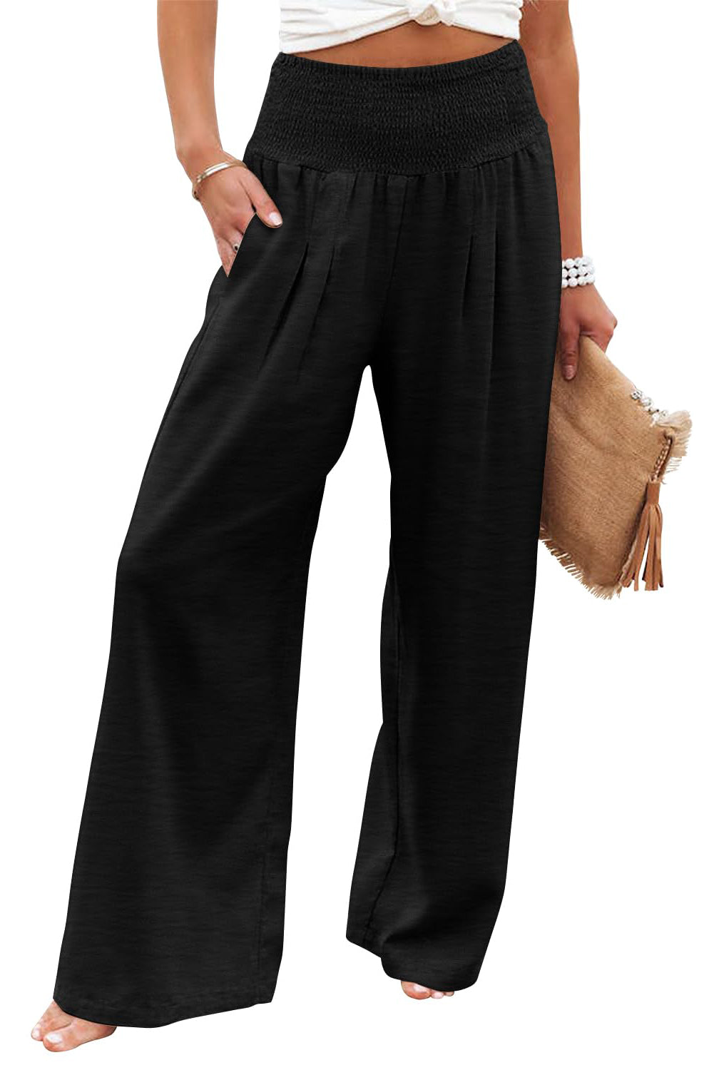 High Rise Wide Leg Black Casual Pants