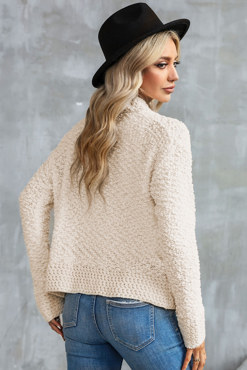 Long Sleeve Open Front Textured Cardigan Sweater Off White