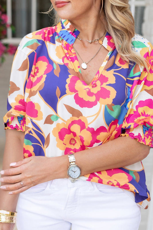 1/2 Sleeve Floral Print V-neck Top