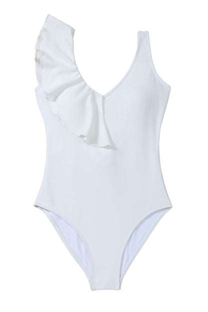 One-piece High Waisted White V-neck Swimsuit