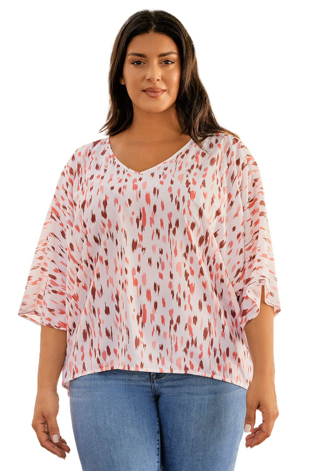 3/4 Sleeve V-neck Leopard Print Plus Size Top