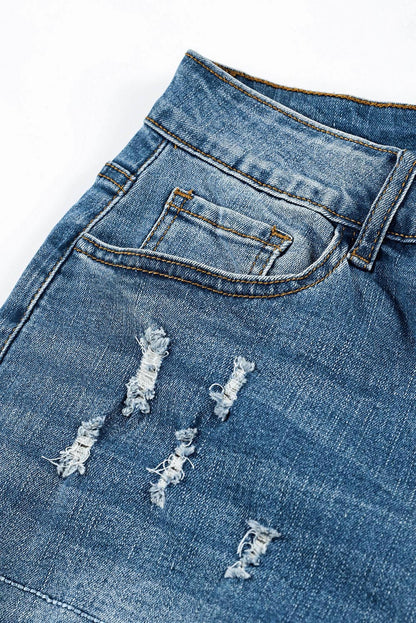 Mid-Rise Straight Leg Factory Distressed Jeans Denim Blue Jeans