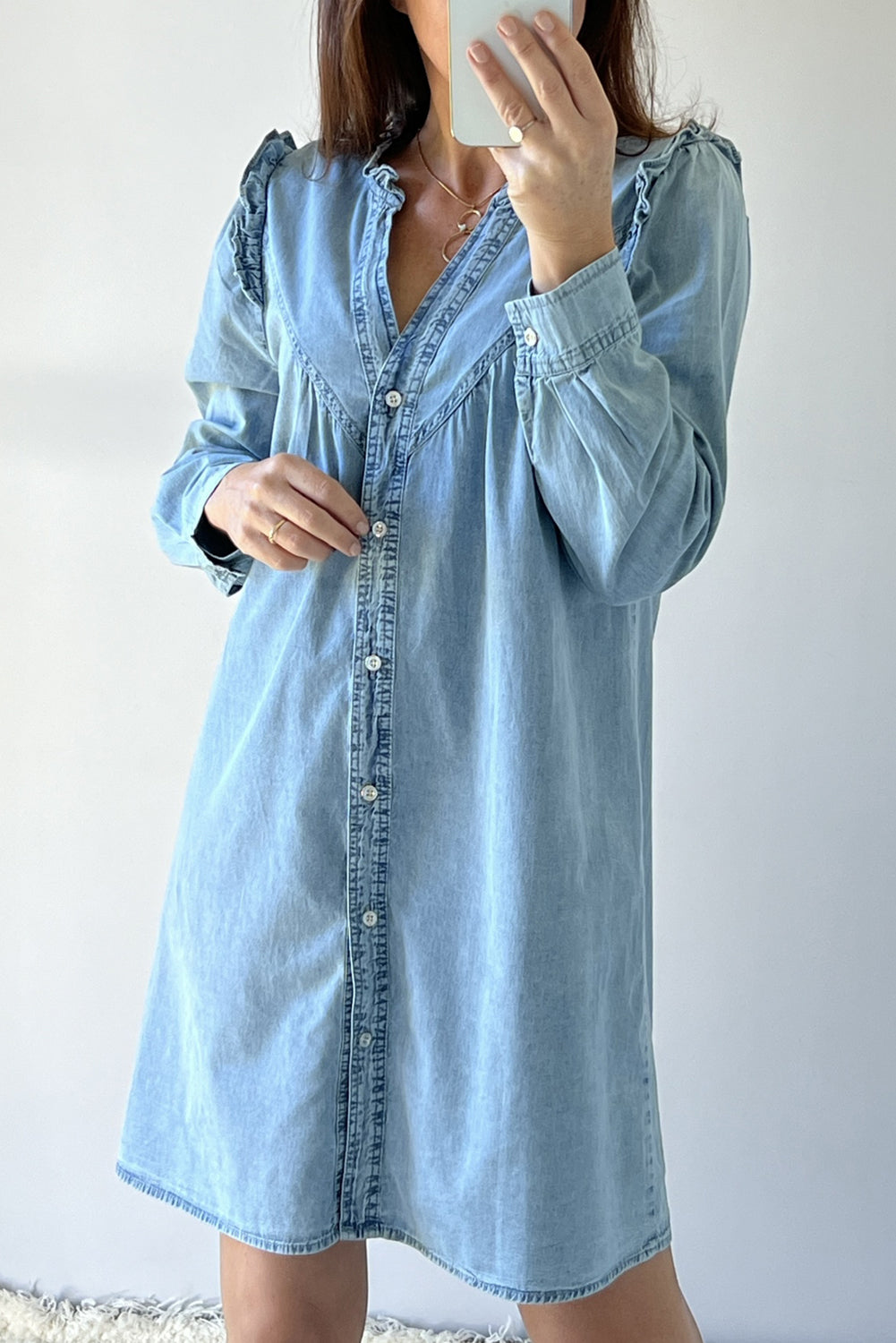 Long Sleeve Button-down Denim Jean Mini Dress