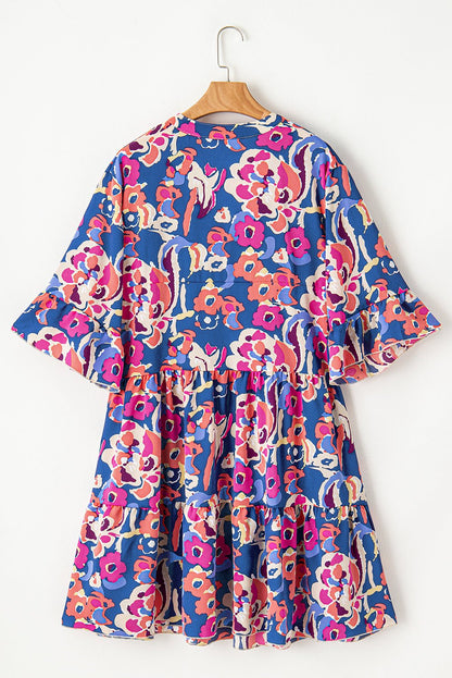 3/4 Sleeve Plus Size Floral Print Ruffled Mini Dress