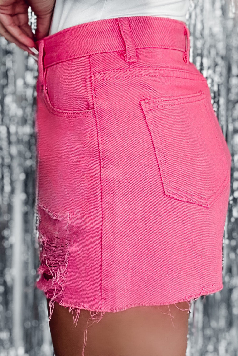 High Rise Raw Hem Pink Denim Jean Shorts