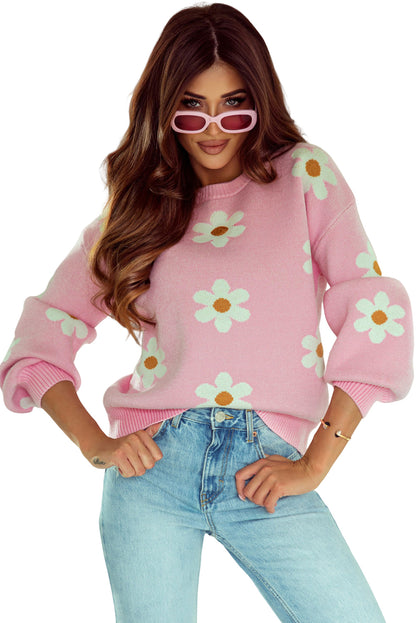 Long Sleeve Pink knit sweater with Daisies