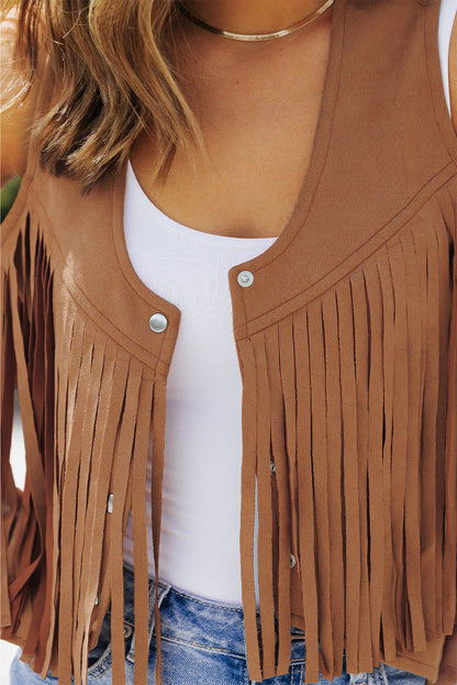 Sleeveless Snap Front Fringe Brown Cropped Western  Jacket