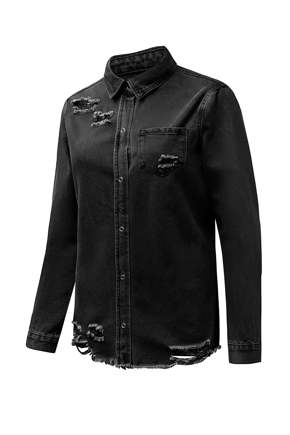 Long Sleeve Button-Down Black Ripped Denim Jean Jacket