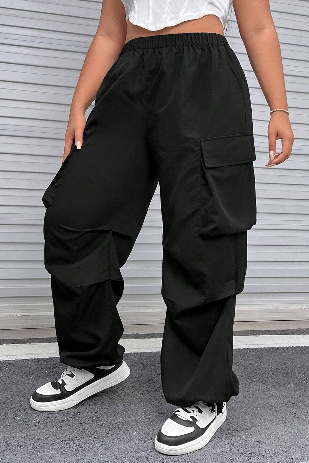 Black Plus Size Multi-pocket Elastic Waist Cargo Pants