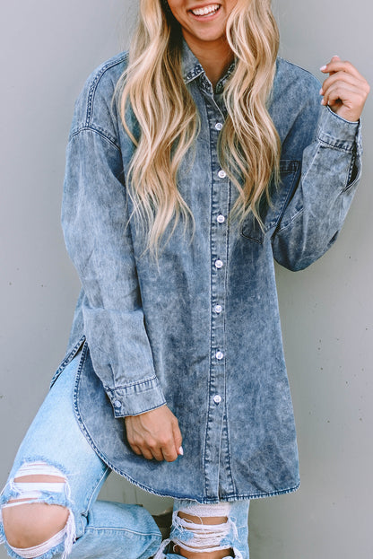 Long Sleeve Button-down Factory Faded Denim Blue Jen Shirt