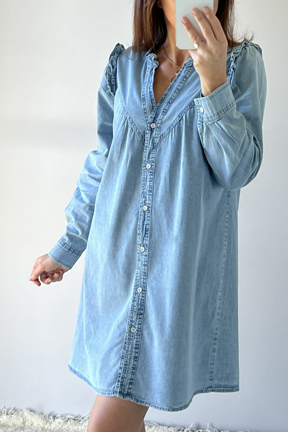 Long Sleeve Button-down Denim Jean Mini Dress