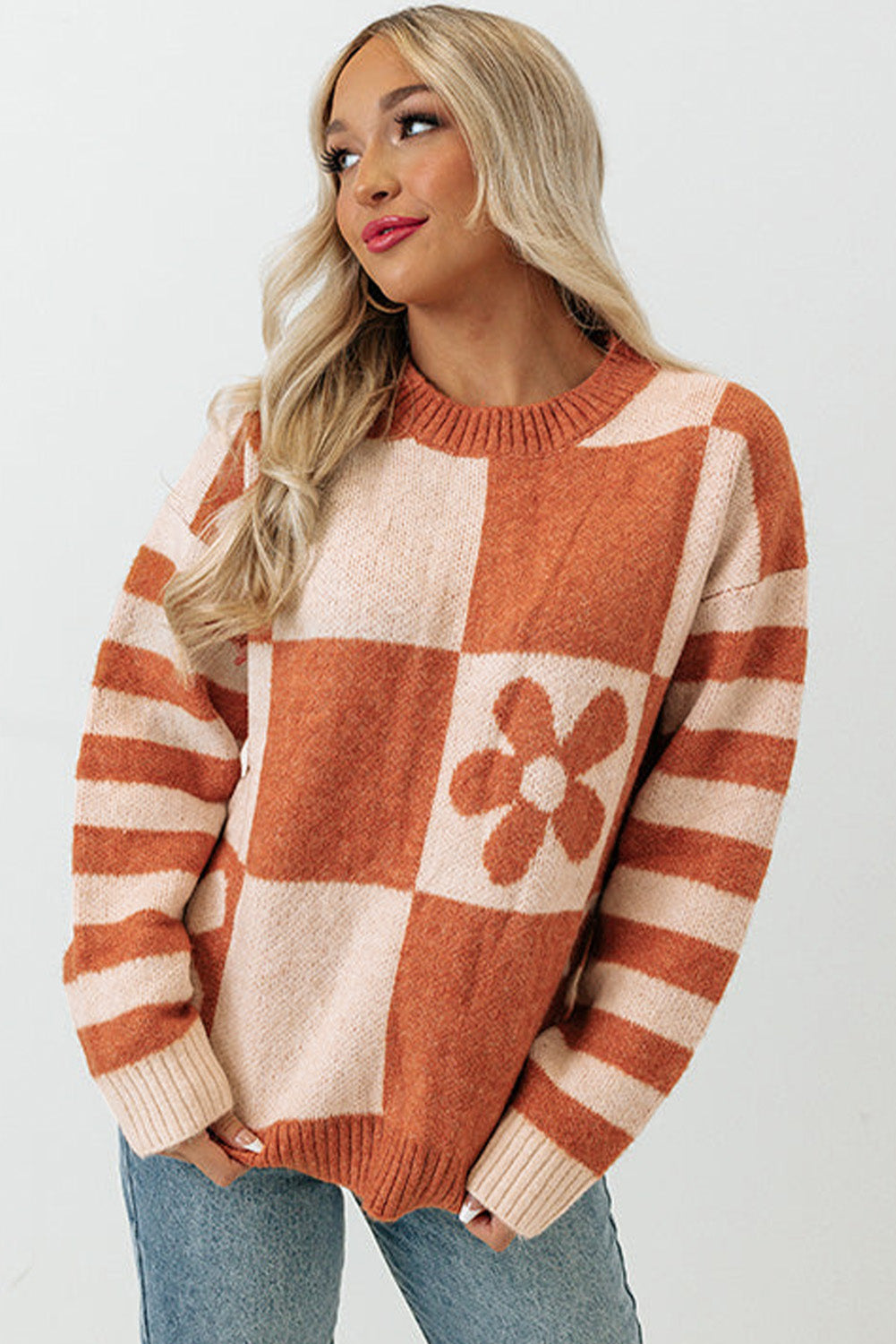 Long Sleeve Crew Neck Colorblock Sweater