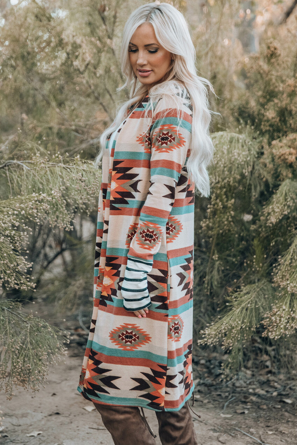 Long Sleeve Open Front Aztec Print Duster/Cardigan