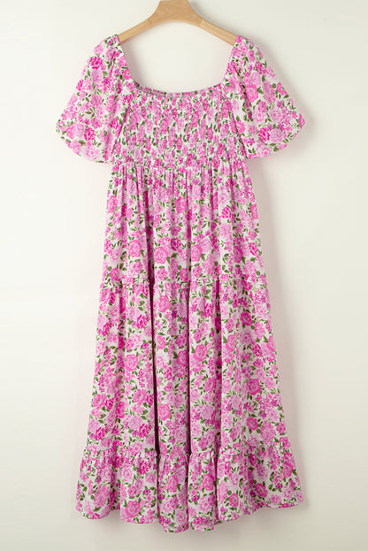 Short Sleeve Floral Print Square Neckline Plus Size Maxi Dress