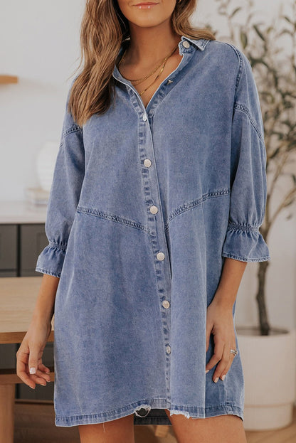 1/2 Sleeve Button-down Denim Blue Jean Mini Dress