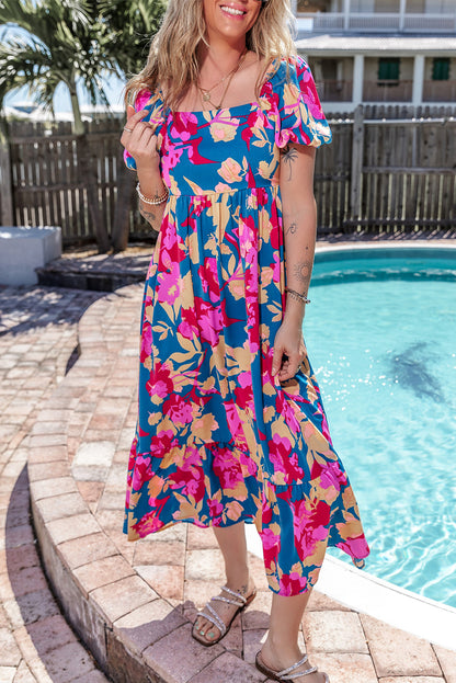 Short Sleeve Floral Print MIDI Dress