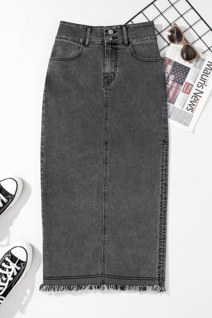 High Rise Black Denim Jean Midi Skirt