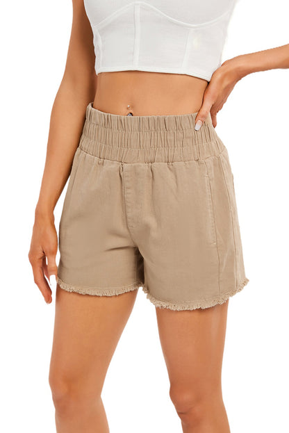 High Rise Elastic Waist Khaki Denim Shorts