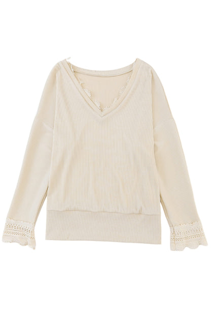 Long Sleeve V-neck Lacey Ribbed Sweater