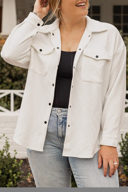 White Plus Size Textured Flap Pockets Jacket