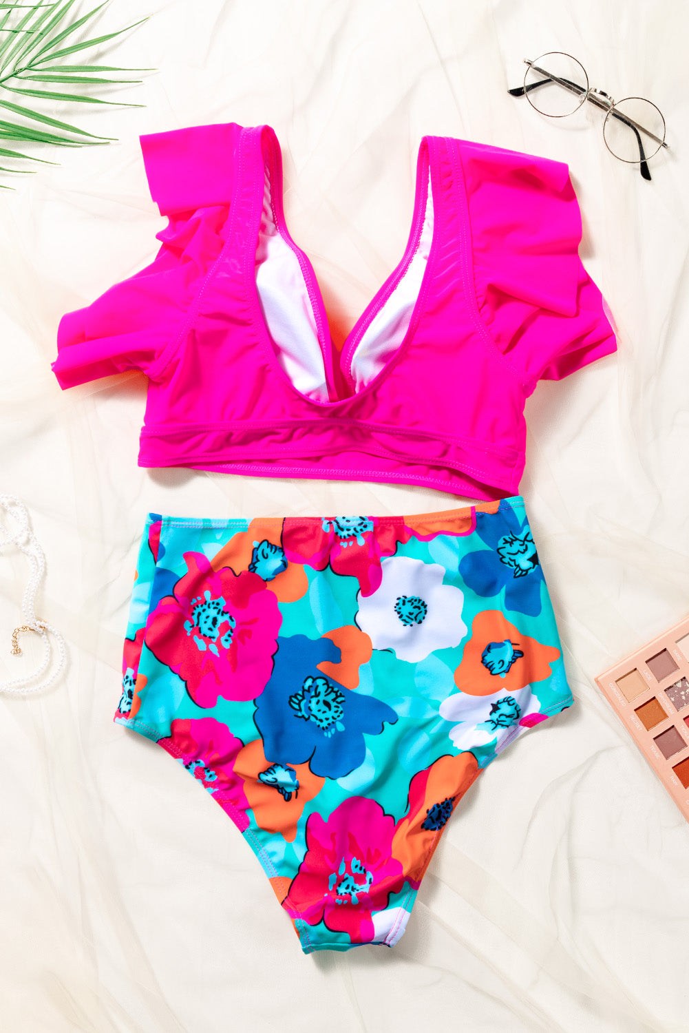 Two-piece Solid Top Floral Print Swimsuit