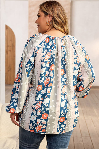 Long Sleeve Floral Print V-neck Plus-size Blouse