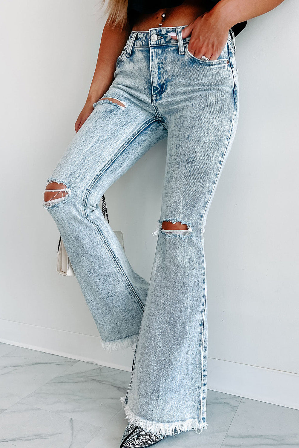 Mid-Rise Acid Wash Flare Jeans