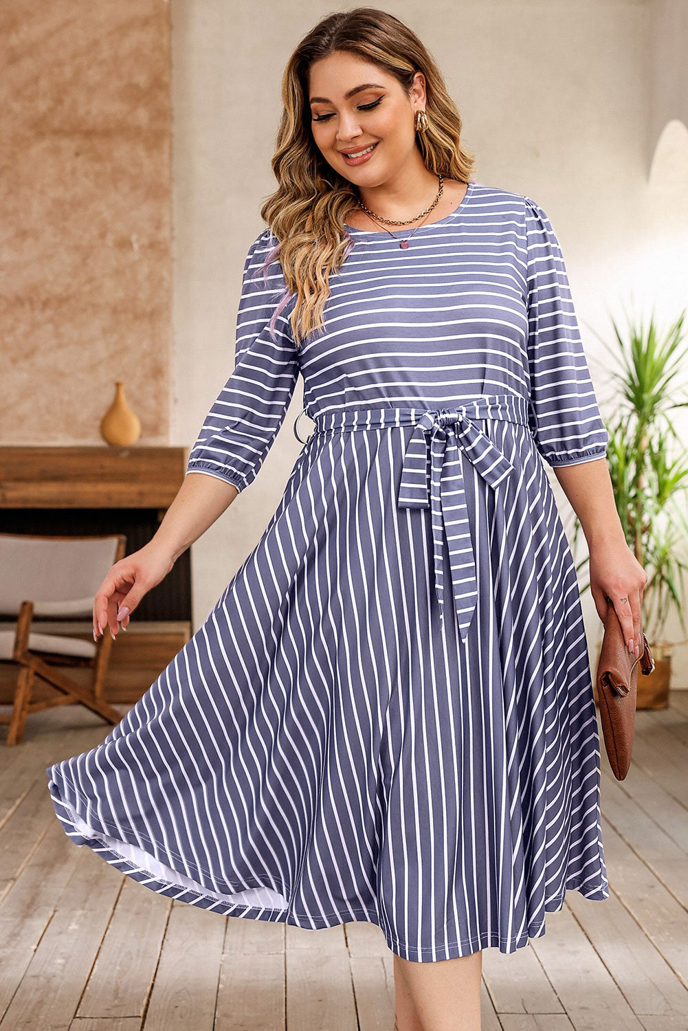 3/4 Sleeve V-neck Striped Midi Dress