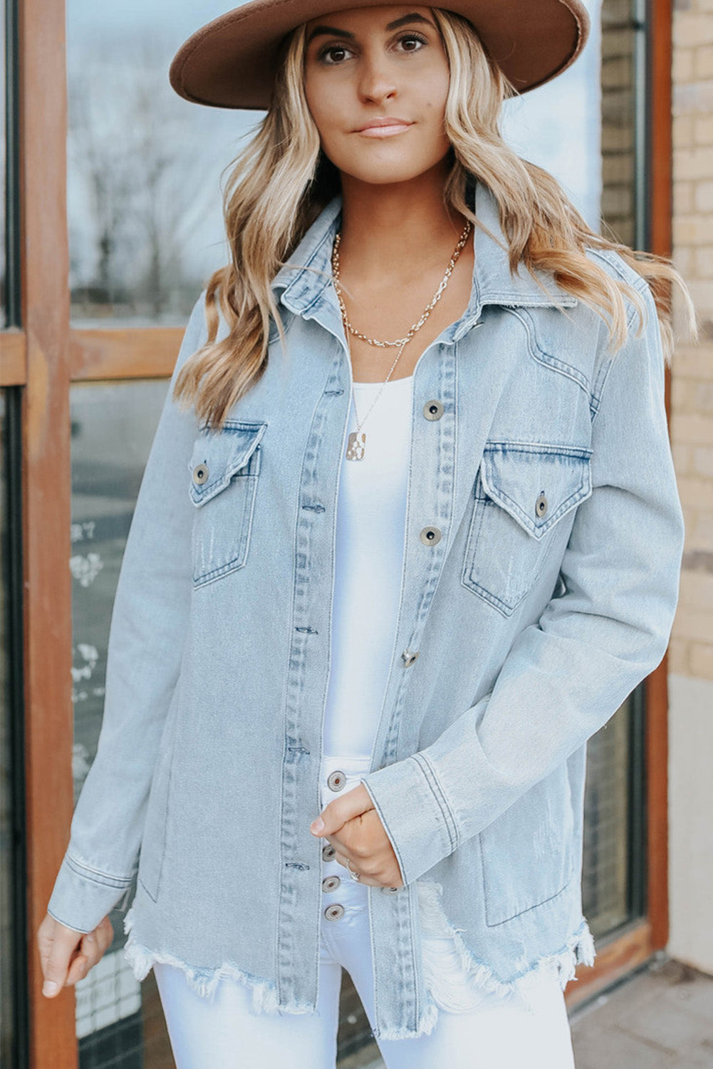 Long Sleeve Button-down Distressed Denim Blue Jean Shirt