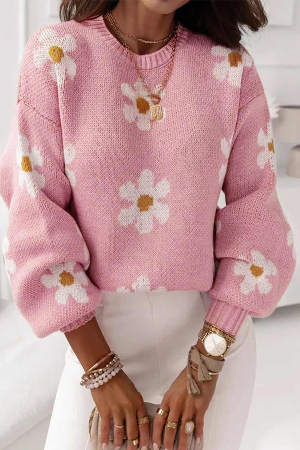 Long Sleeve Pink knit sweater with Daisies