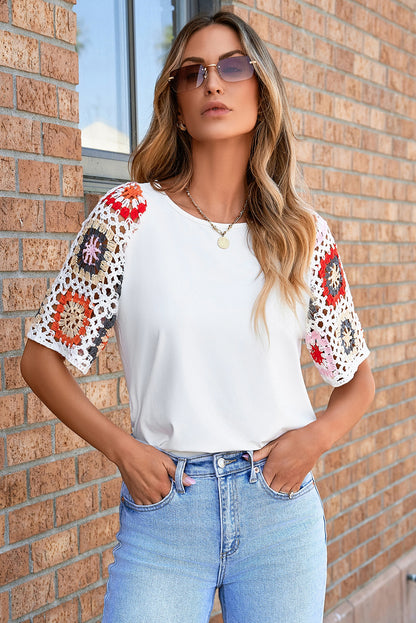 1/2 Sleeve White Top with Crochet Sleeves