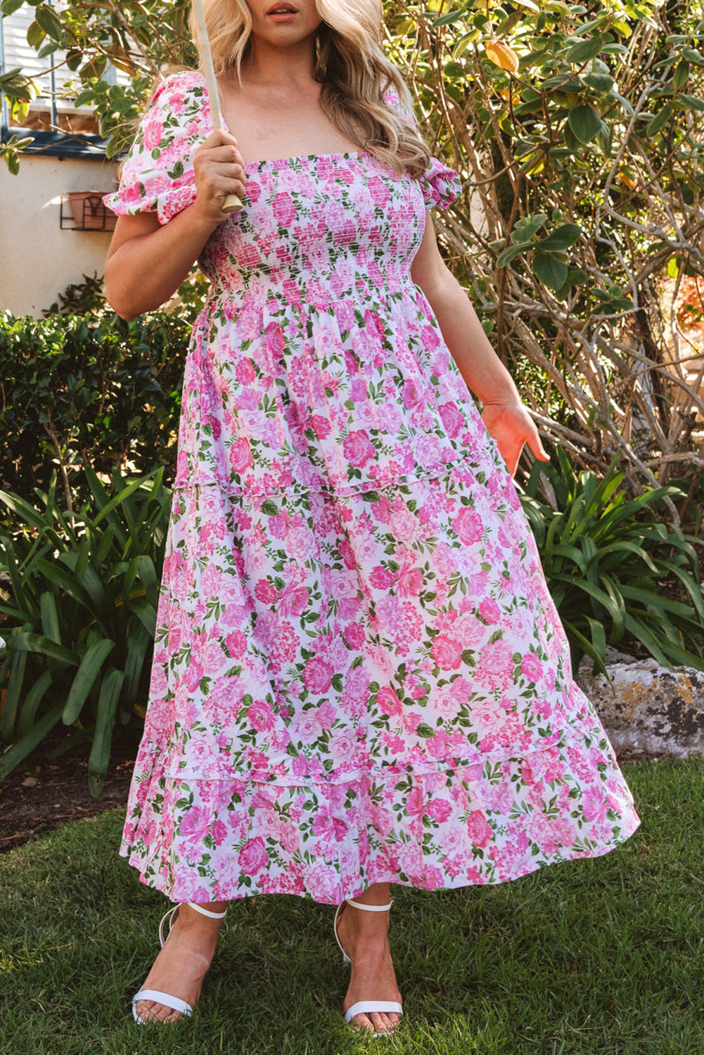 Short Sleeve Floral Print Square Neckline Plus Size Maxi Dress