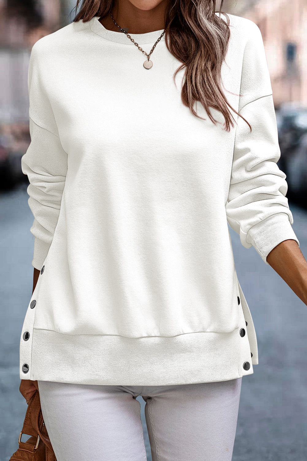 White Snap Closure Side Slits Pullover Sweatshirt