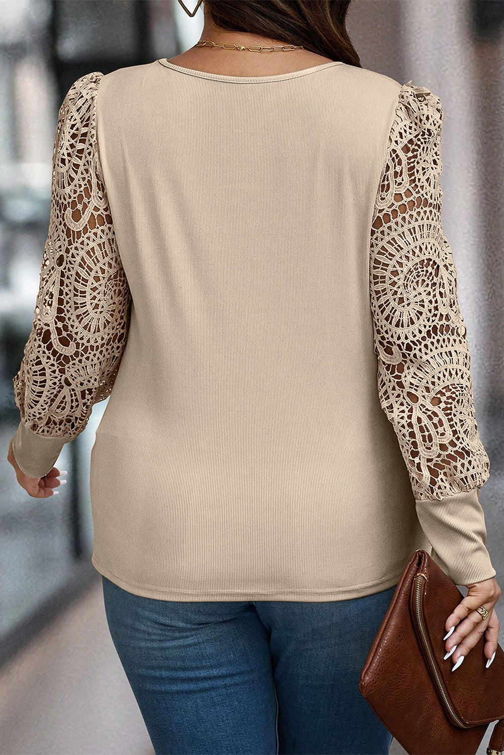 Long Sleeve Ribbed Lace Plus Size Top