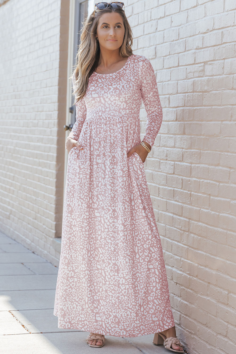 Long Sleeve Leopard Print Pink Maxi Dress