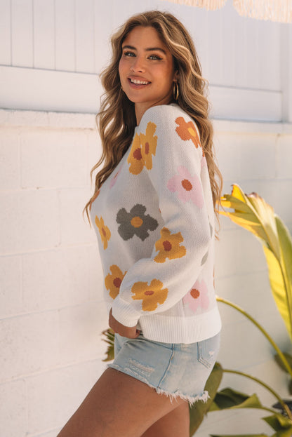 Crew Neck Relaxed Fit Sweater with Daisies