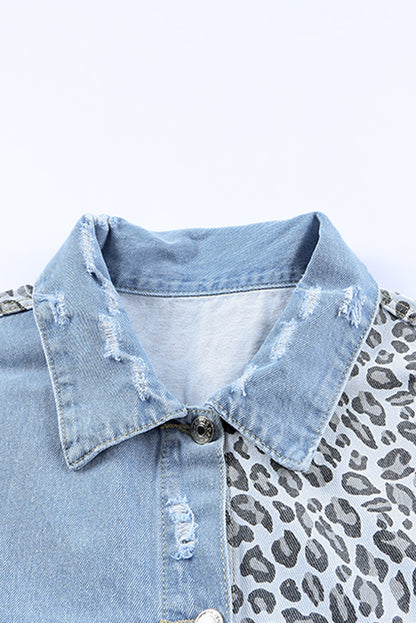 Long Sleeve Button-down Denim Leopard Print Jean Jacket